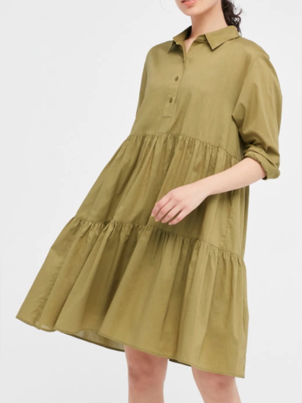 Uniqlo Tiered 3/4 Sleeve Khaki Green Mini Babydoll Dress Sz S Cotton Collared